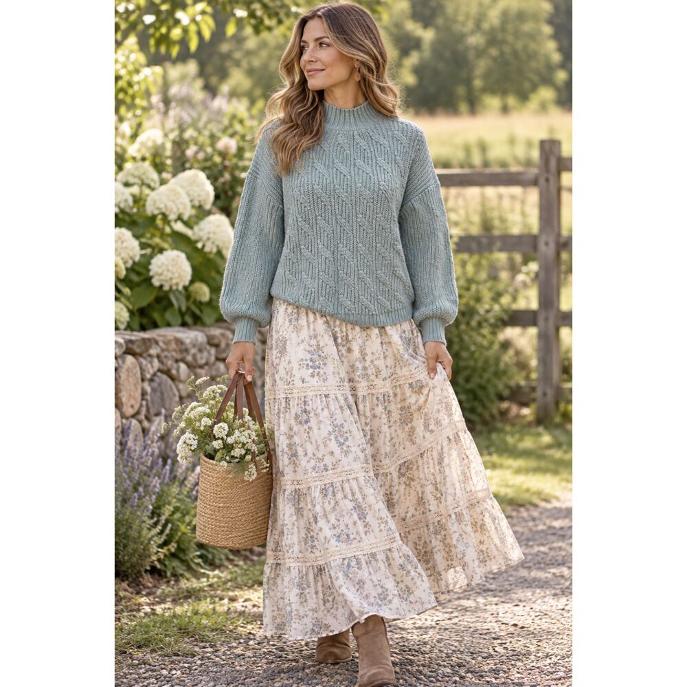 J. Crew Chunky Cable Knit Sweater Mock Turtleneck Baby Blue Medium Cottagecore